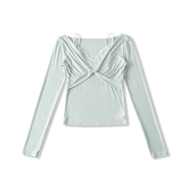 Mock Two-Piece V-Neck Twist Lace Trim Slim Tee