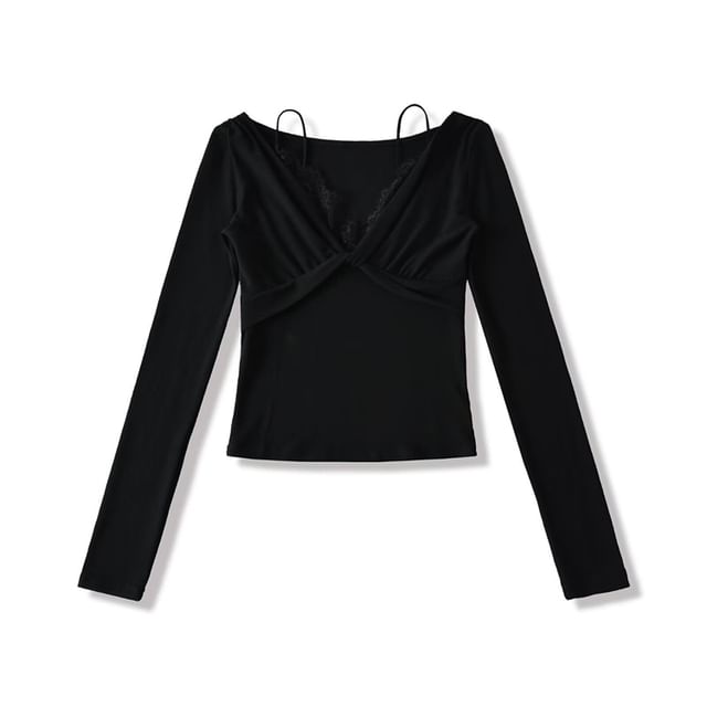Mock Two-Piece V-Neck Twist Lace Trim Slim Tee