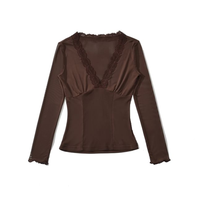 Long Sleeve V-Neck Lace Mesh Slim Fit Top
