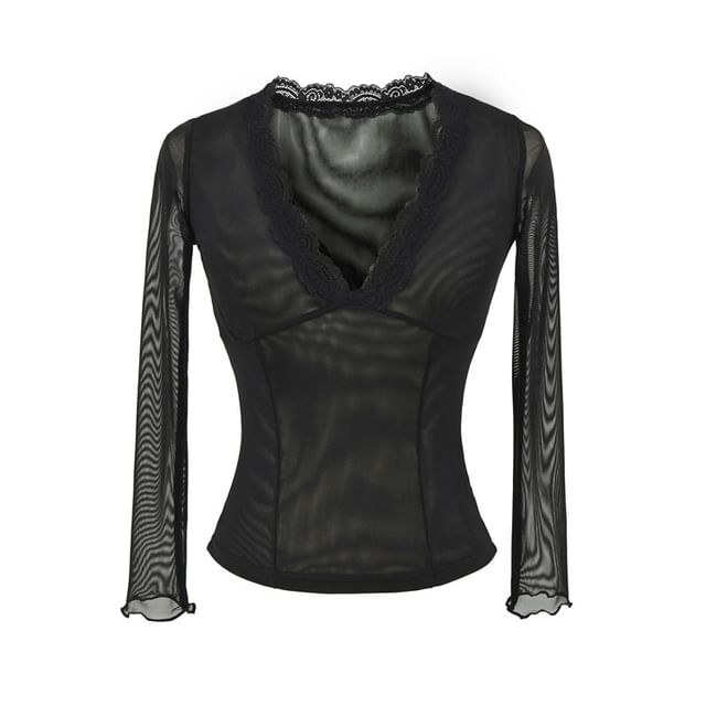 Long Sleeve V-Neck Lace Mesh Slim Fit Top