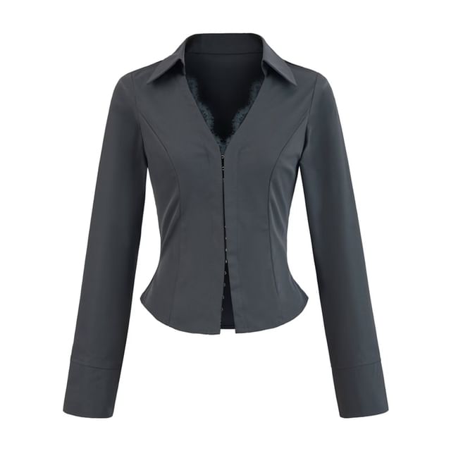 Long Sleeve V-Neck Lace Hook and Eye Slim Shirt