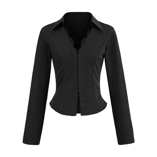 Long Sleeve V-Neck Lace Hook and Eye Slim Shirt