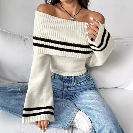 Cropped Striped Off-Shoulder Long-Sleeve Knit Top