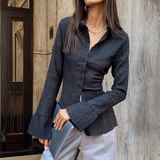 Textured Bell-Sleeve Collared Fitted Blouse