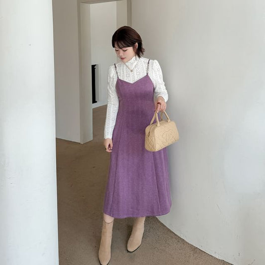 Set: Turtleneck Lace Top + Spaghetti Strap Midi A-Line Dress