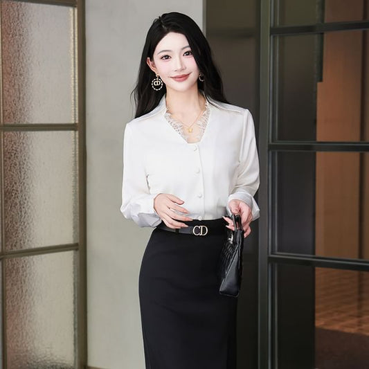 Long Sleeve Lace Button-Up Shirt with High Waist Midi Pencil Skirt Set