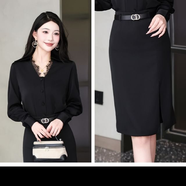 Long Sleeve Lace Button-Up Shirt with High Waist Midi Pencil Skirt Set