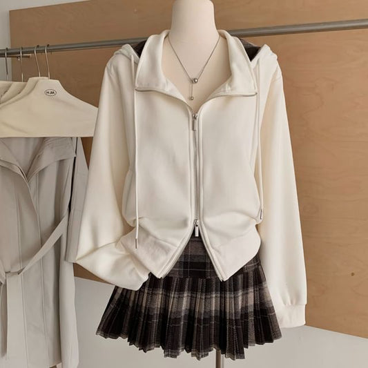 Plaid Zip Hoodie & Pleated Mini Skirt Set with Drawstring