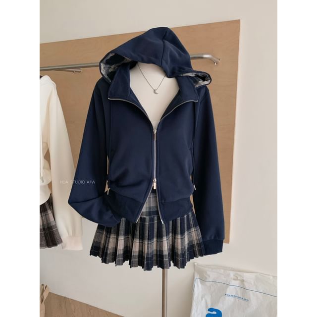 Plaid Zip Hoodie & Pleated Mini Skirt Set with Drawstring
