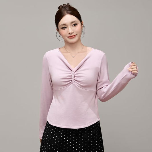 Twist Ruched V-Neck Long-Sleeve Solid Top