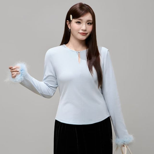 Keyhole Long-Sleeve Round-Neck Detachable Fluffy Trim Top