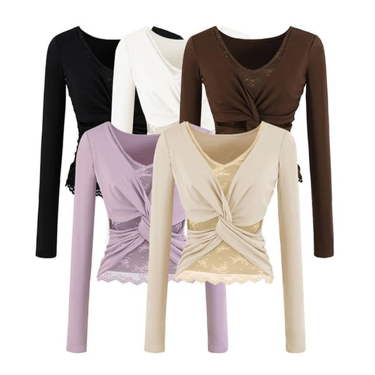 Mock Two-Piece V-Neck Ruched Top with Lace Panel