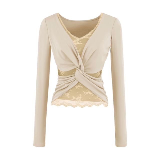 Mock Two-Piece V-Neck Ruched Top with Lace Panel