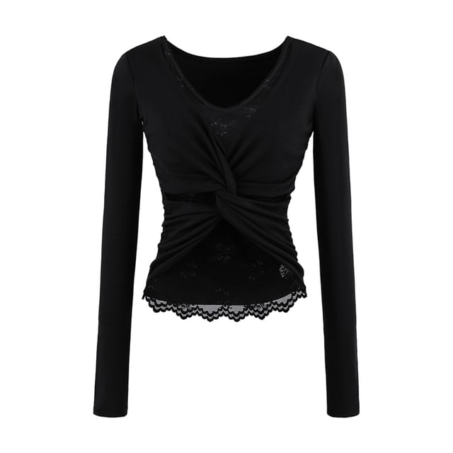 Mock Two-Piece V-Neck Ruched Top with Lace Panel