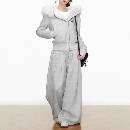 Melange Zip Hoodie with Fluffy Trim & Baggy Drawstring Pants