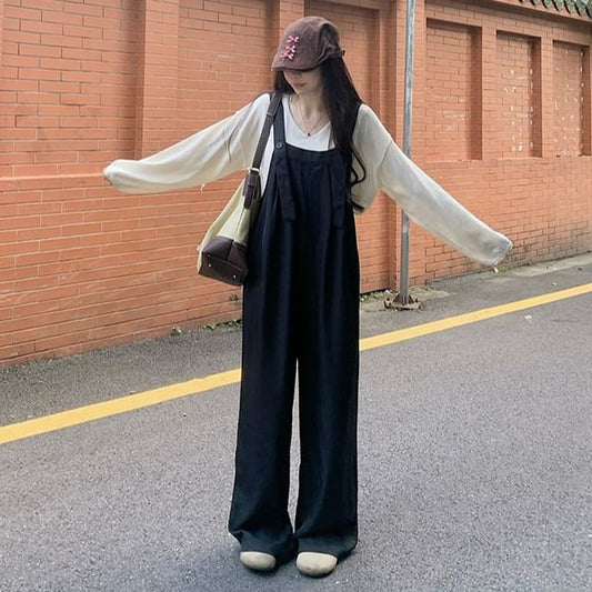V-Neck Long-Sleeve Blouse & Solid Wide-Leg Overalls