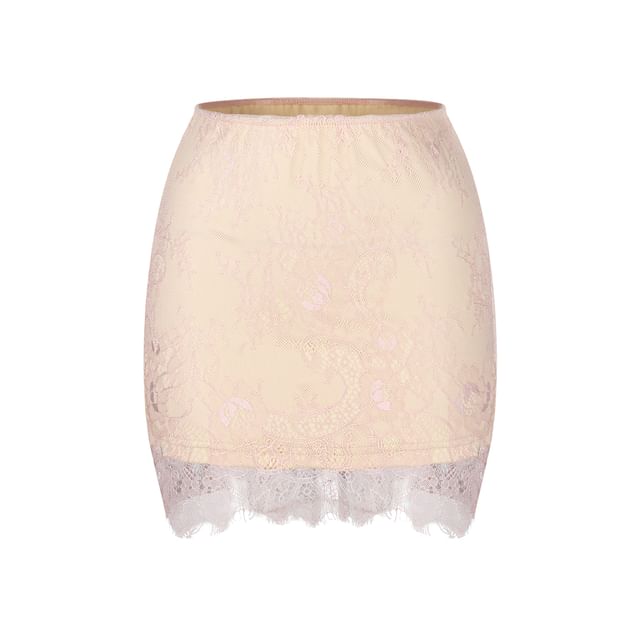 Long Sleeve V-Neck Plain Blouse with Lace Mini Pencil Skirt