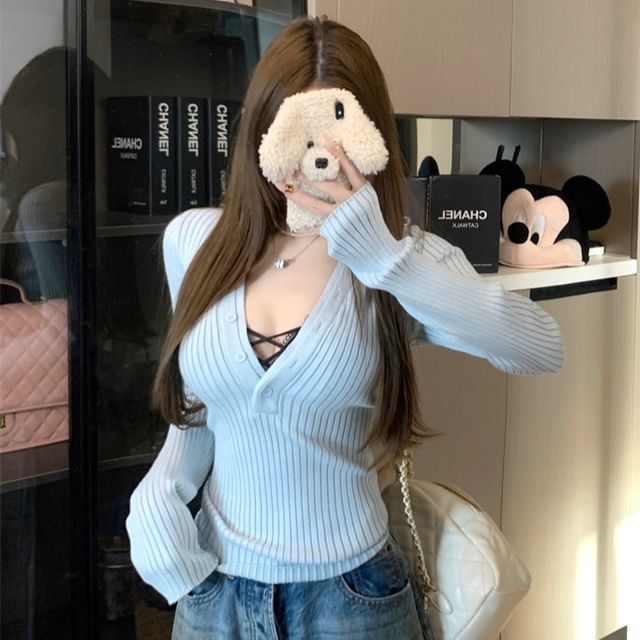 Extended Sleeve V-Cut Lace Knit Top