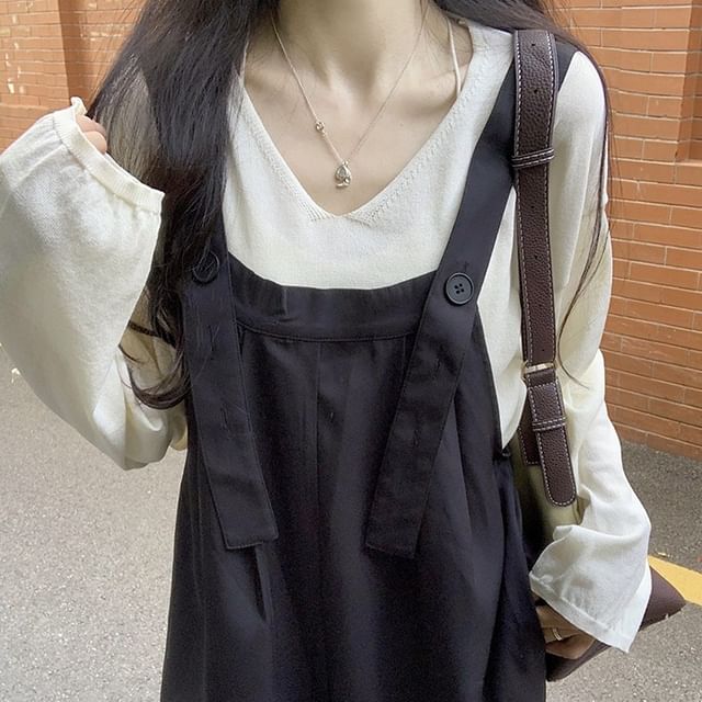 V-Neck Long-Sleeve Blouse & Solid Wide-Leg Overalls