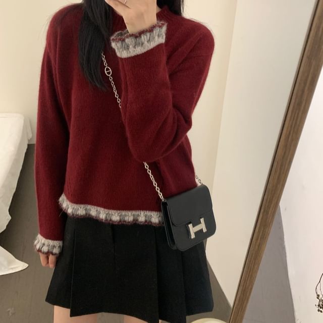 Crew Neck Sweater with Lace Trim
