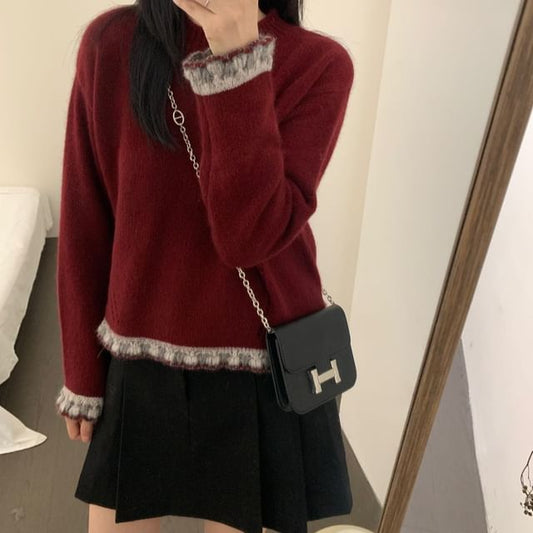 Crew Neck Sweater with Lace Trim
