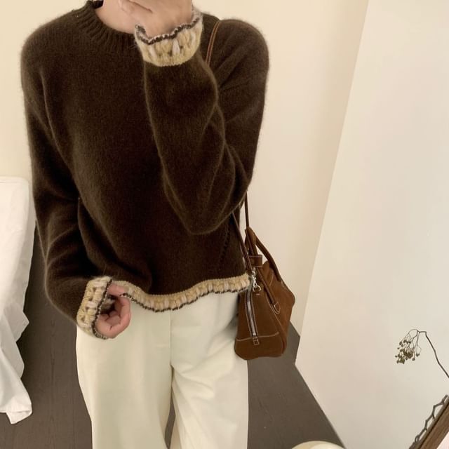 Crew Neck Sweater with Lace Trim