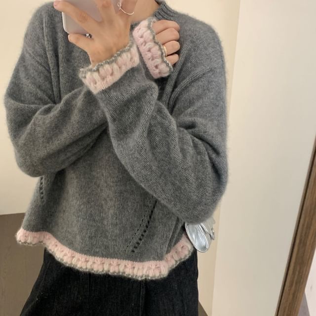 Crew Neck Sweater with Lace Trim