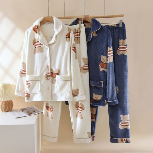 Couple Matching Pajama Set: Long Sleeve Collared Bear Patterned Button Coral Fleece Top + Elastic Waist Straight Leg Pants (Various Designs)