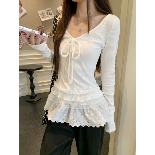 V-Neck Long-Sleeve Flowy Top with Lace Detail
