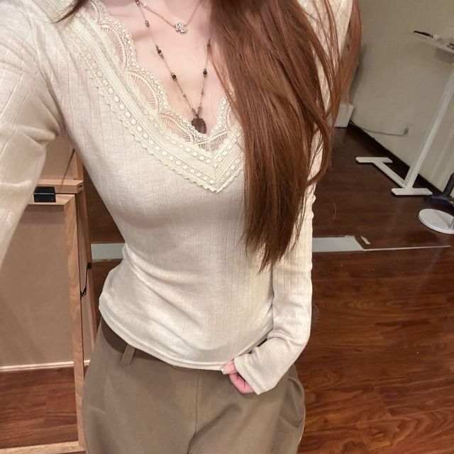 Long-Sleeve V-Neck Knit Top with Lace Trim
