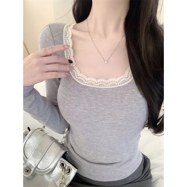 Scoop Neck Long-Sleeve Top with Lace Trim