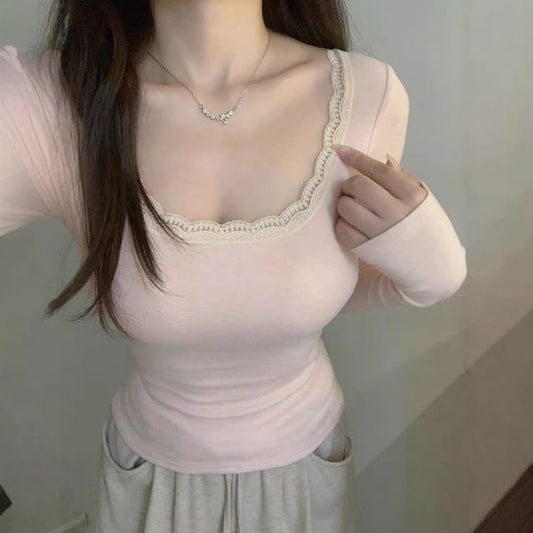 Scoop Neck Long-Sleeve Top with Lace Trim