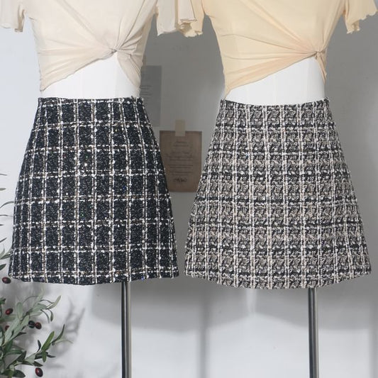Tweed Mini A-Line Skirt, High Waist