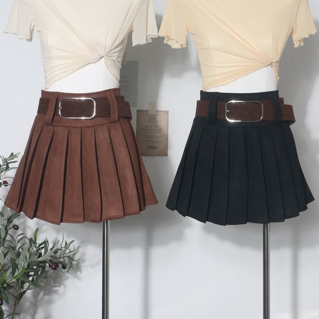 Pleated Mini A-Line Skirt with Faux Suede Belt