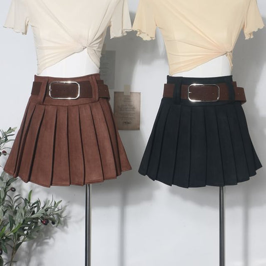 Pleated Mini A-Line Skirt with Faux Suede Belt