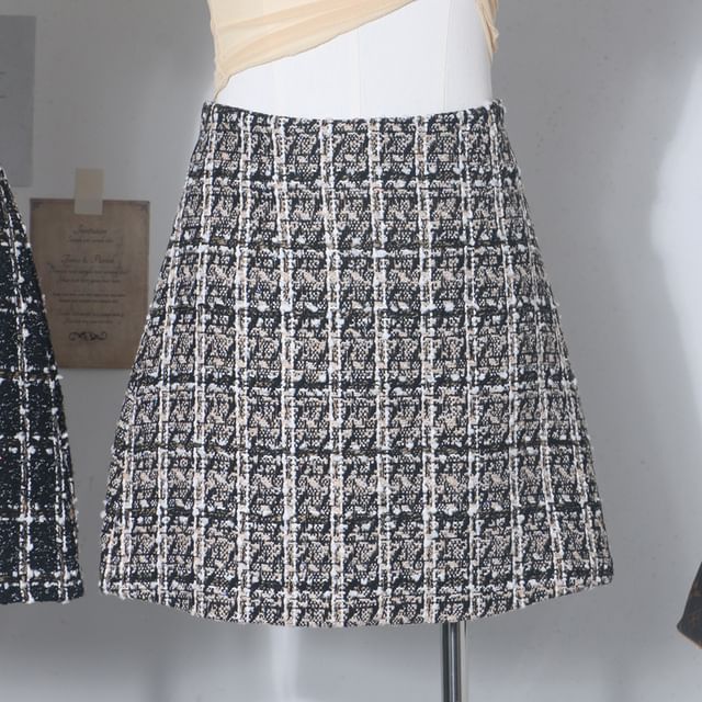 Tweed Mini A-Line Skirt, High Waist