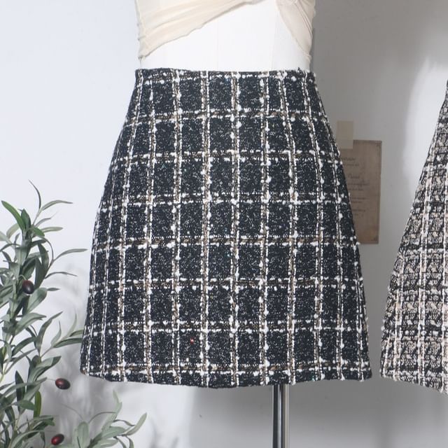 Tweed Mini A-Line Skirt, High Waist