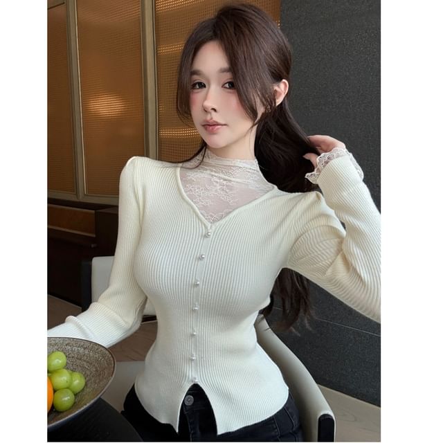 Mock Neck Lace Accent Long-Sleeve Knit Top