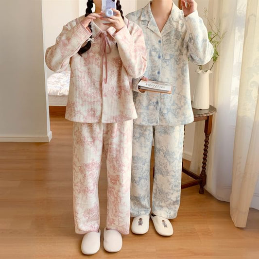 Couple Matching Pajama Set: Long-Sleeve Floral Pajama Shirt + Pants