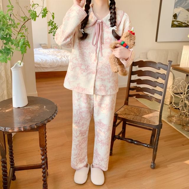 Couple Matching Pajama Set: Long-Sleeve Floral Pajama Shirt + Pants