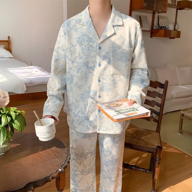 Couple Matching Pajama Set: Long-Sleeve Floral Pajama Shirt + Pants