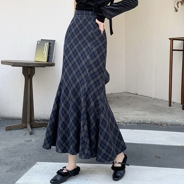 Plaid Mermaid Maxi Skirt, High Rise