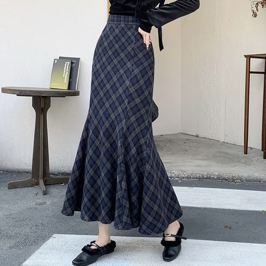 Plaid Mermaid Maxi Skirt, High Rise
