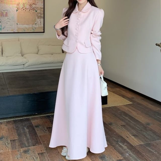 Collar Plain Button Jacket / High Waist Maxi A-Line Skirt