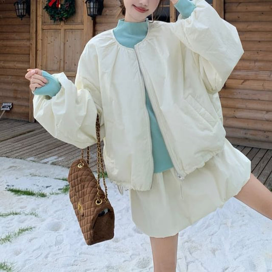 Round Neck Padded Zip Jacket / Mock Neck T-Shirt / Bubble Hem Mini Skirt