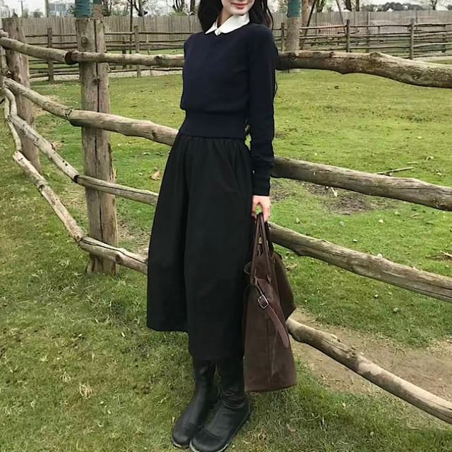 Mock Two-Piece Contrast Collar Knit Top / High Waist Midi A-Line Skirt