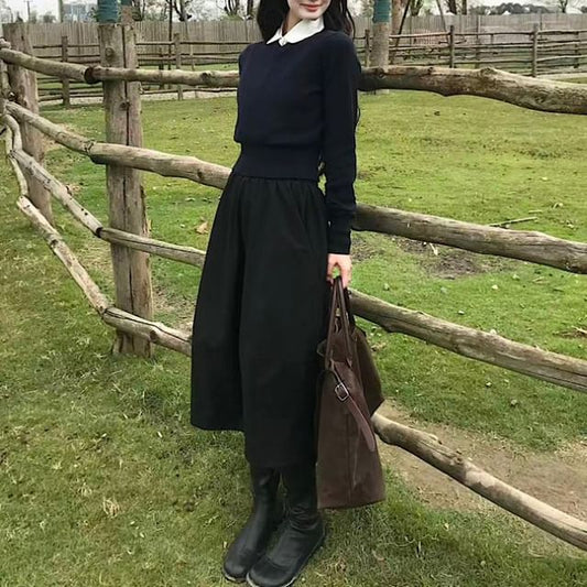 Mock Two-Piece Contrast Collar Knit Top / High Waist Midi A-Line Skirt