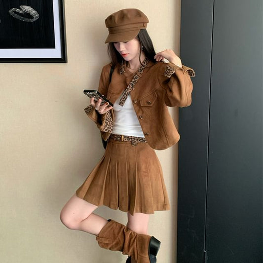 Leopard Print Faux Suede Button Jacket / Pleated Mini A-Line Skirt with Belt