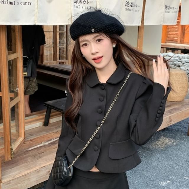 Collar Plain Button Jacket / High Waist Maxi A-Line Skirt