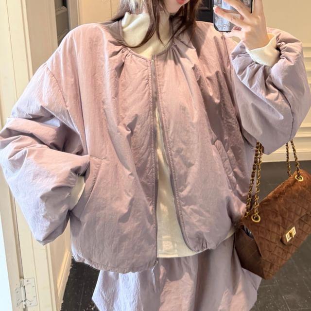 Round Neck Padded Zip Jacket / Mock Neck T-Shirt / Bubble Hem Mini Skirt